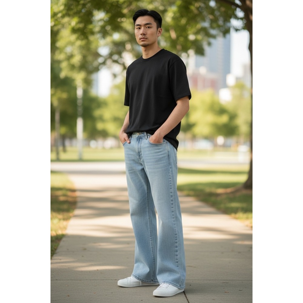 605ANANKE Mens Light Wash Wide LegJeans Relaxed Fit Denim Light Blue Size 42 NEW